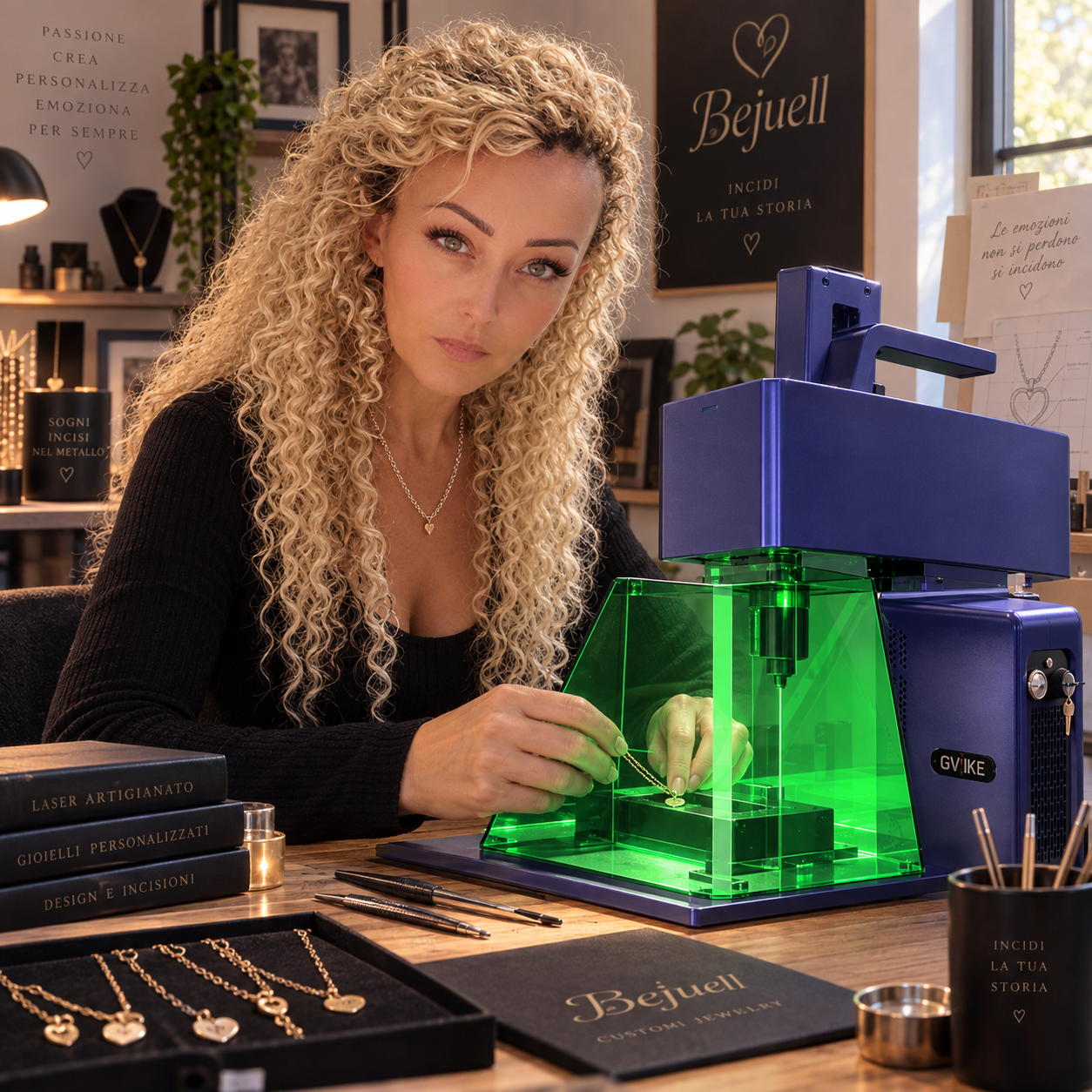 Sabina all'incisore laser nell'atelier Bejuell a Roma